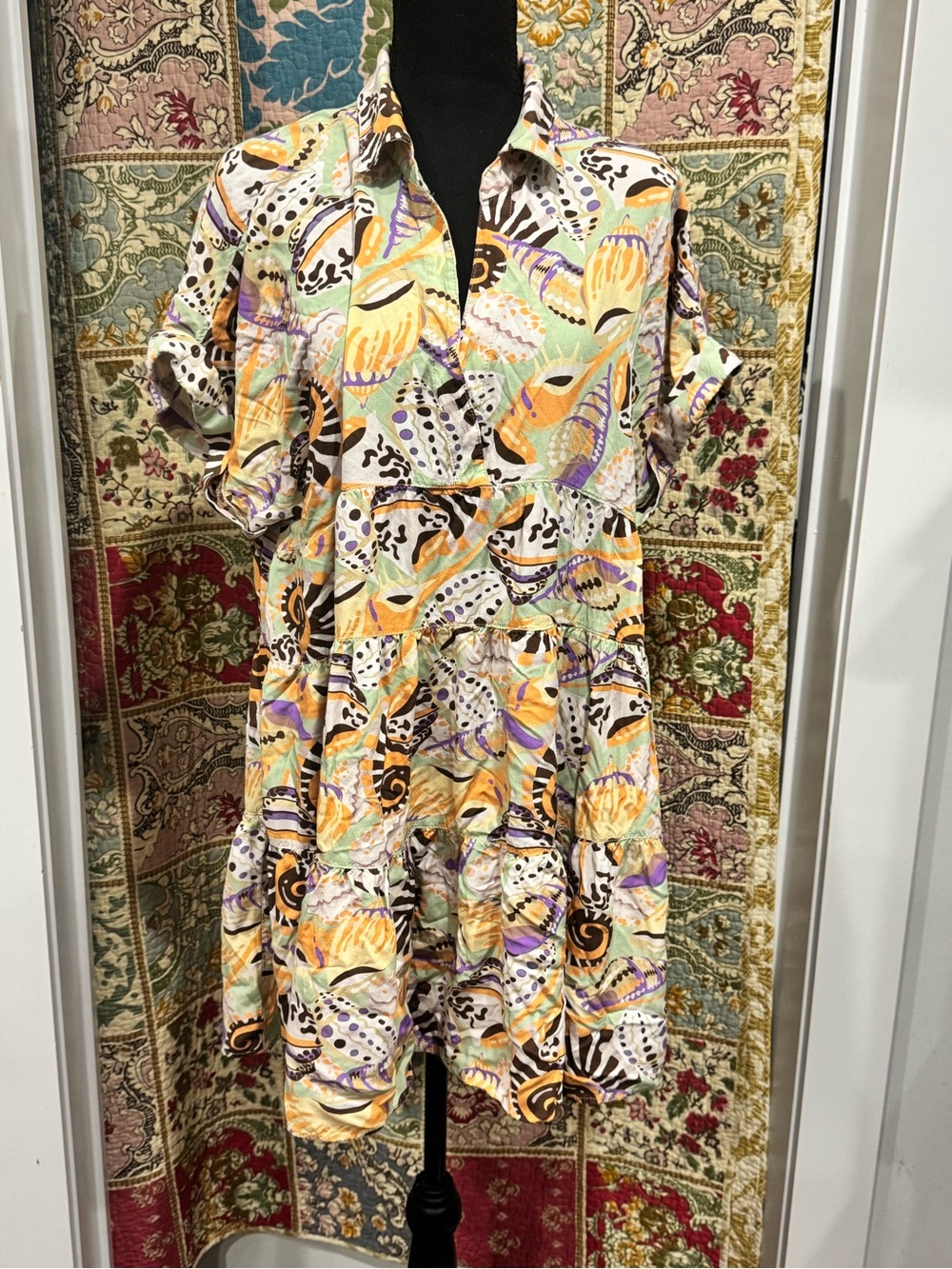 Tiered Uncle Frank Short Shirt Dress in Yellow Floral Abstract Print